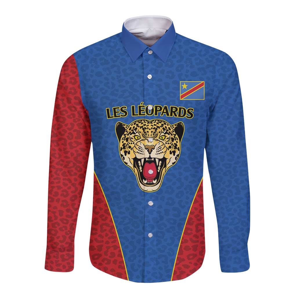 DR Congo Football Custom Long Sleeve Button Shirt Blue Leopard Skin Pattern - Wonder Print Shop