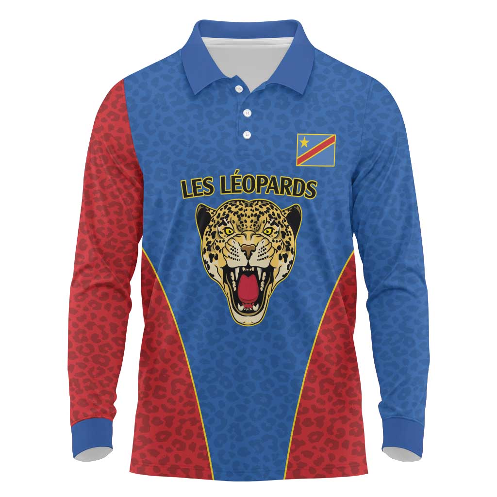 DR Congo Football Custom Long Sleeve Polo Shirt Blue Leopard Skin Pattern - Wonder Print Shop