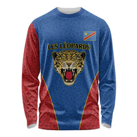DR Congo Football Custom Long Sleeve Shirt Blue Leopard Skin Pattern - Wonder Print Shop