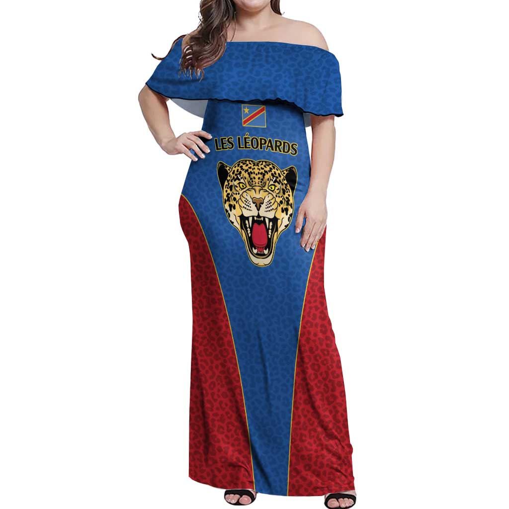 DR Congo Football Custom Off Shoulder Maxi Dress Blue Leopard Skin Pattern - Wonder Print Shop