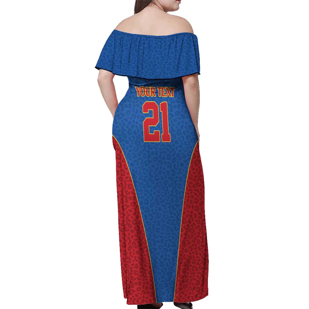 DR Congo Football Custom Off Shoulder Maxi Dress Blue Leopard Skin Pattern - Wonder Print Shop