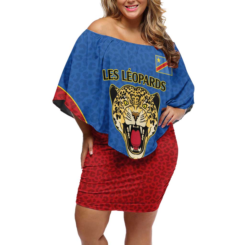 DR Congo Football Custom Off Shoulder Short Dress Blue Leopard Skin Pattern - Wonder Print Shop