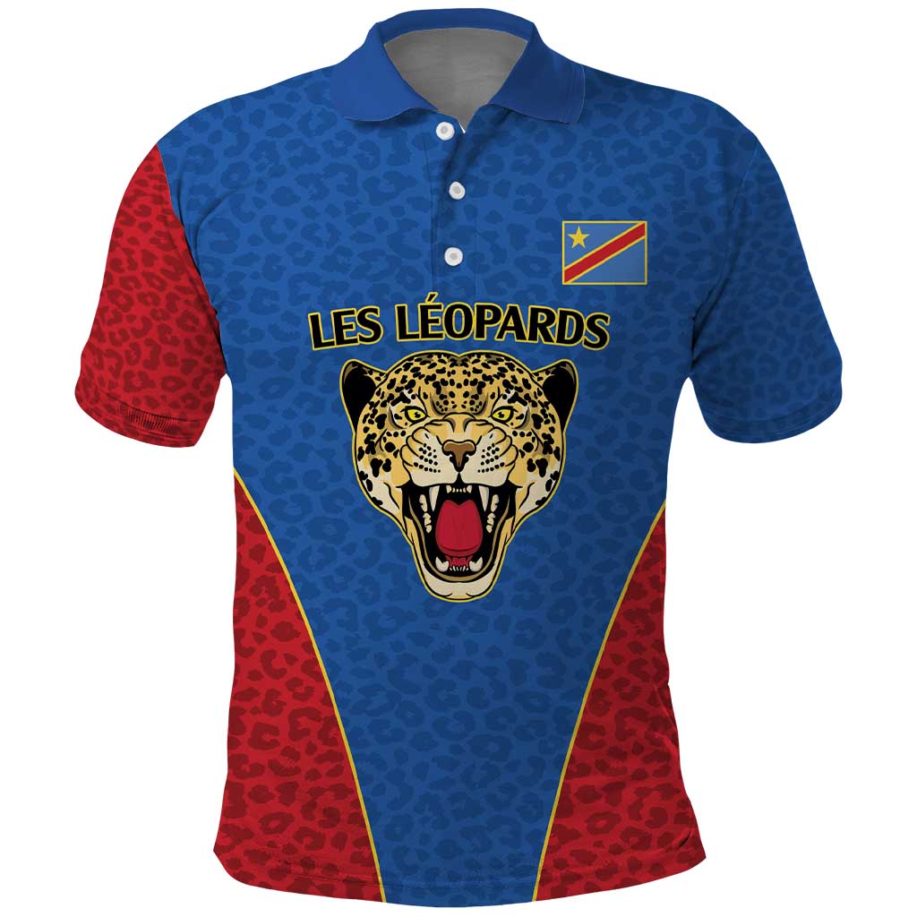 DR Congo Football Custom Polo Shirt Blue Leopard Skin Pattern - Wonder Print Shop