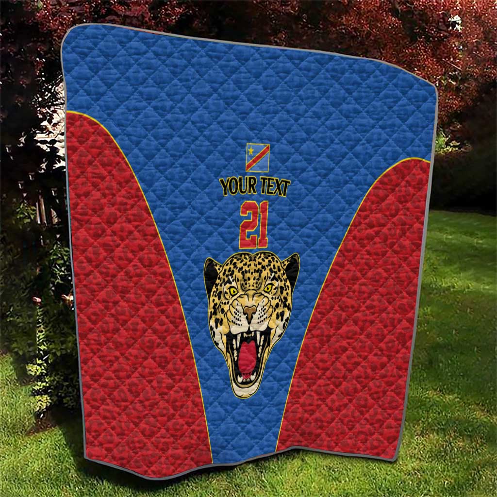 DR Congo Football Custom Quilt Blue Leopard Skin Pattern - Wonder Print Shop