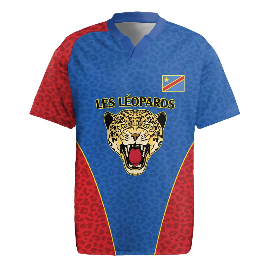 DR Congo Football Custom Rugby Jersey Blue Leopard Skin Pattern - Wonder Print Shop