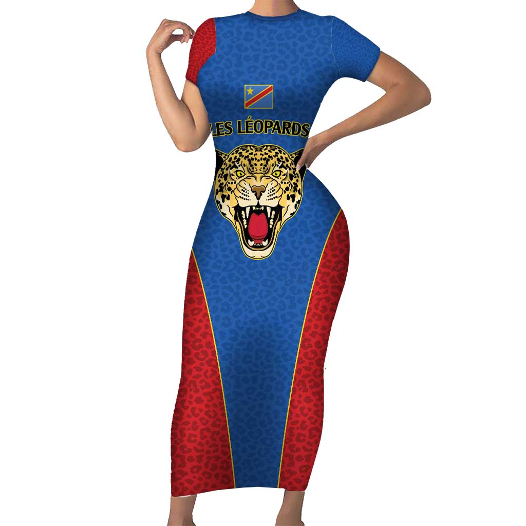 DR Congo Football Custom Short Sleeve Bodycon Dress Blue Leopard Skin Pattern - Wonder Print Shop