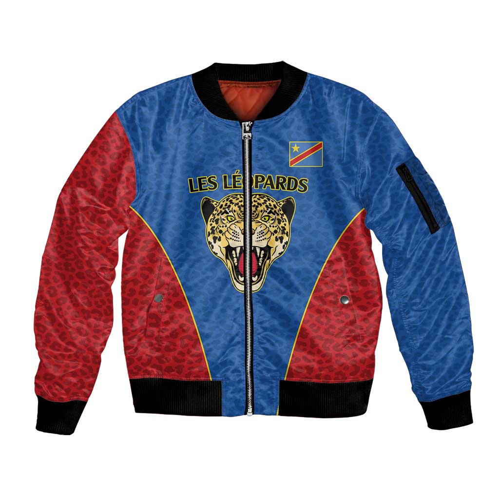 DR Congo Football Custom Sleeve Zip Bomber Jacket Blue Leopard Skin Pattern - Wonder Print Shop