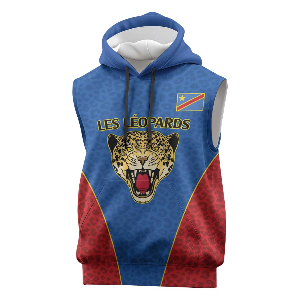 Africa DR Congo Football Custom Sleeveless Hoodie Blue Leopard Skin Pattern
