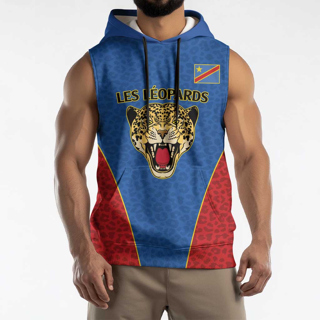 Africa DR Congo Football Custom Sleeveless Hoodie Blue Leopard Skin Pattern