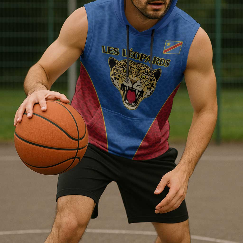 Africa DR Congo Football Custom Sleeveless Hoodie Blue Leopard Skin Pattern