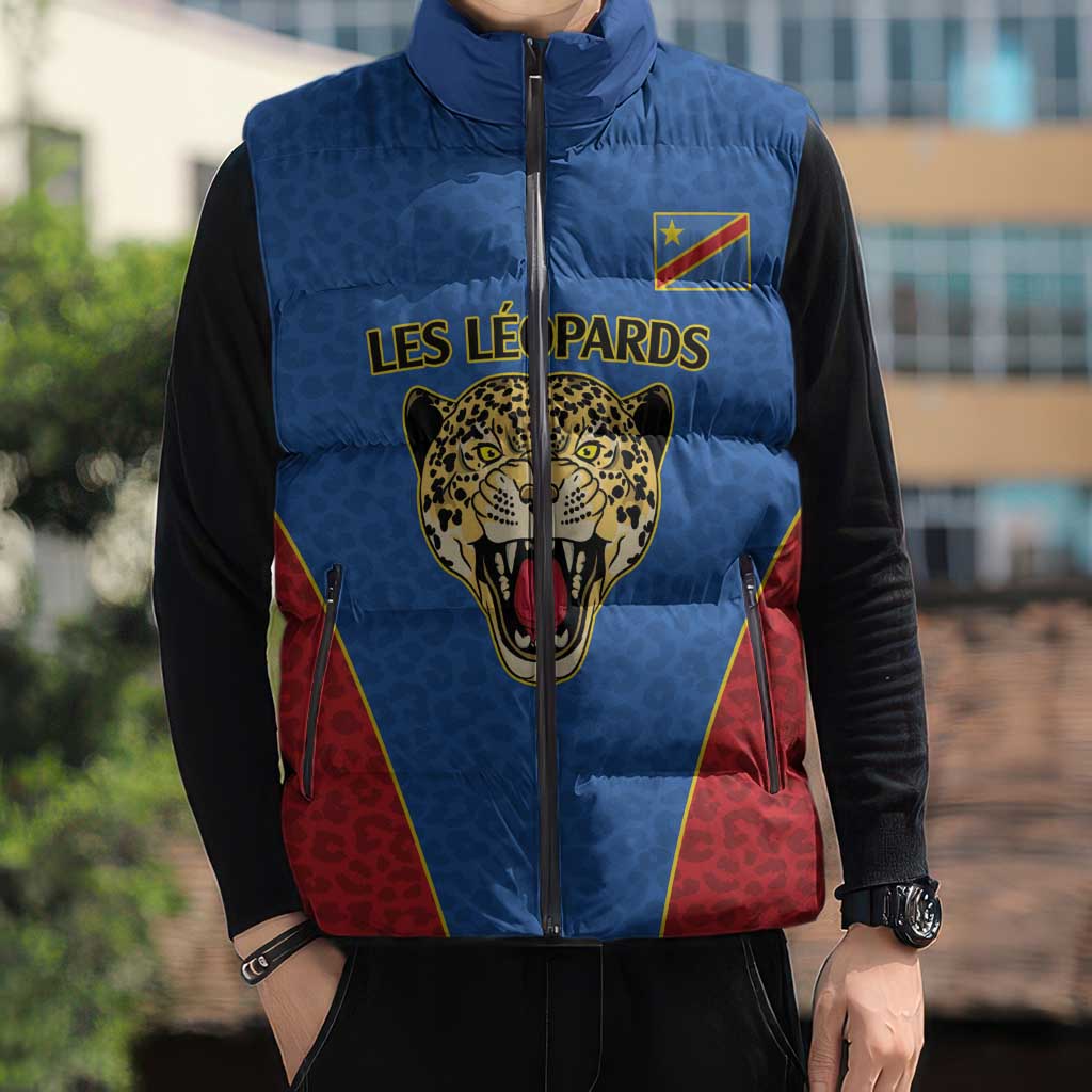 Africa DR Congo Football Custom Sleeveless Puffer Jacket Blue Leopard Skin Pattern