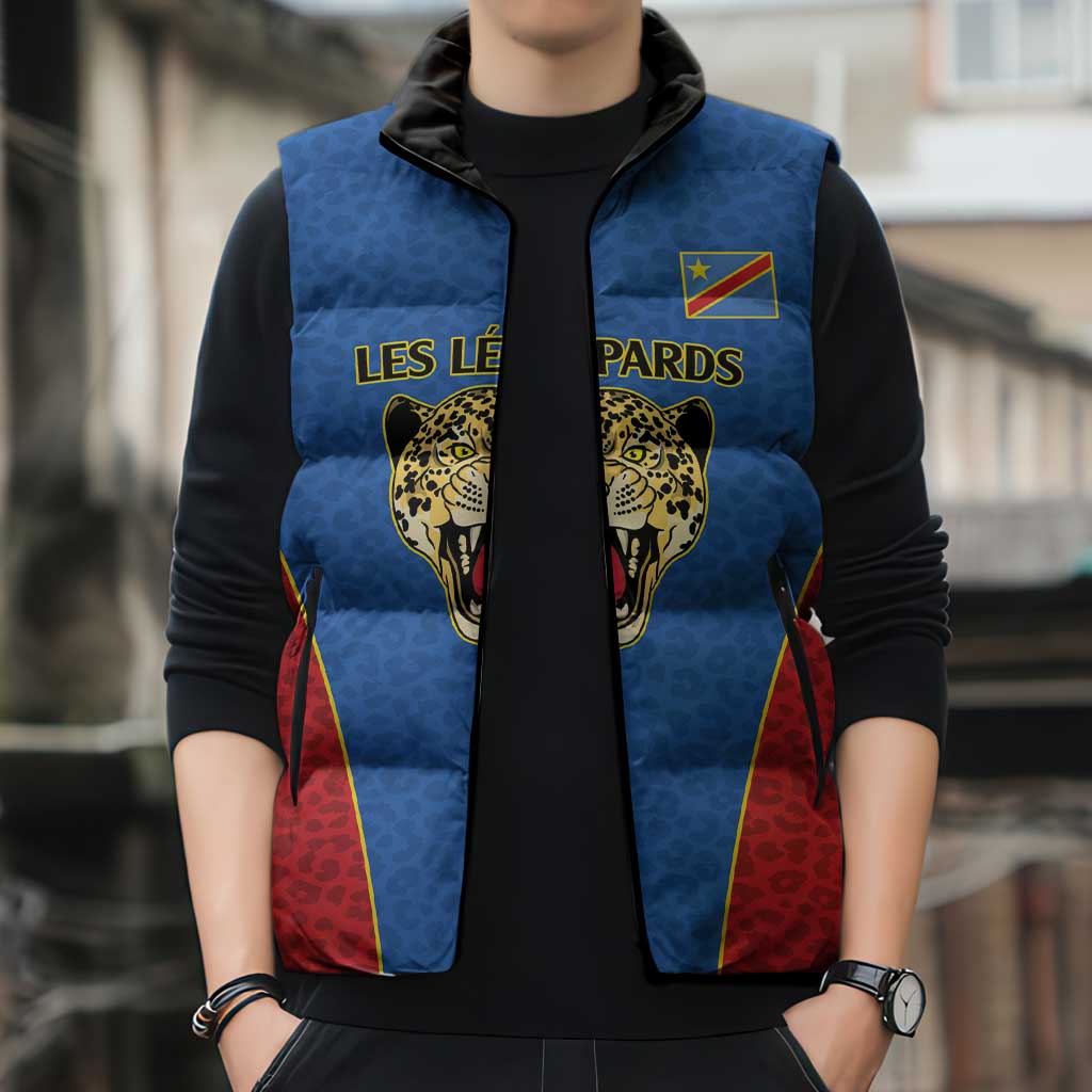 Africa DR Congo Football Custom Sleeveless Puffer Jacket Blue Leopard Skin Pattern