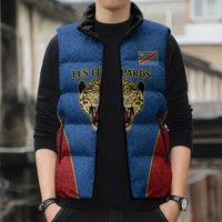 Africa DR Congo Football Custom Sleeveless Puffer Jacket Blue Leopard Skin Pattern