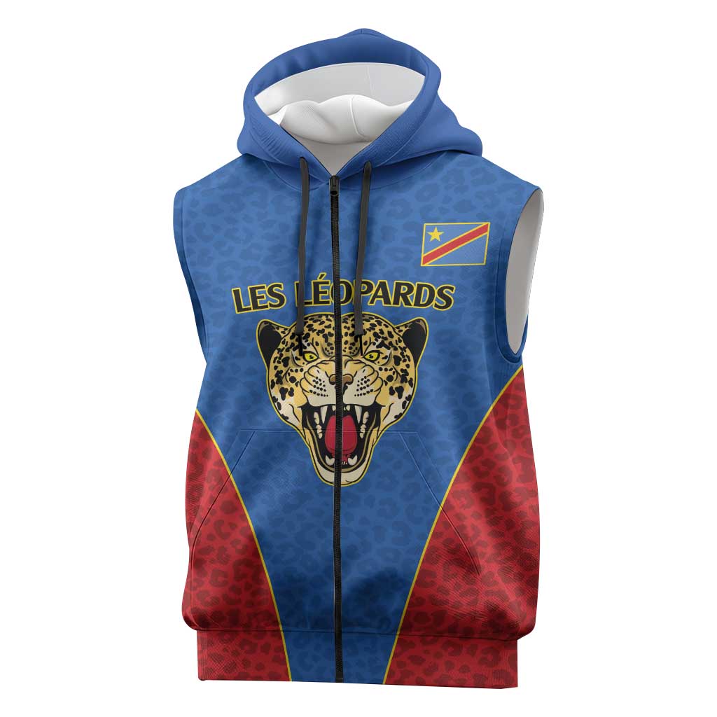 Africa DR Congo Football Custom Sleeveless Zip Hoodie Blue Leopard Skin Pattern