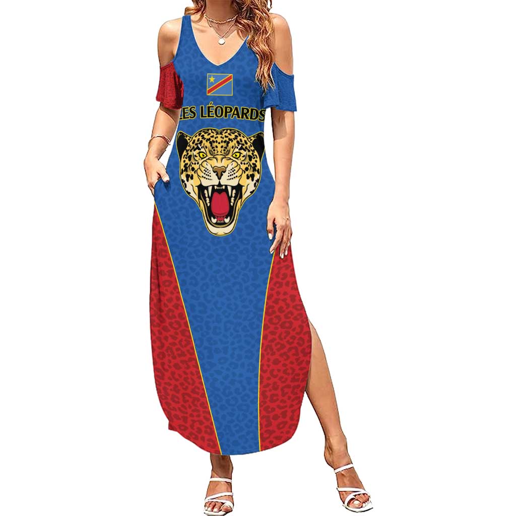 DR Congo Football Custom Summer Maxi Dress Blue Leopard Skin Pattern - Wonder Print Shop
