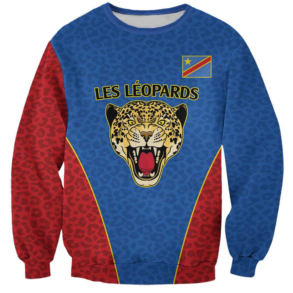 DR Congo Football Custom Sweatshirt Blue Leopard Skin Pattern - Wonder Print Shop