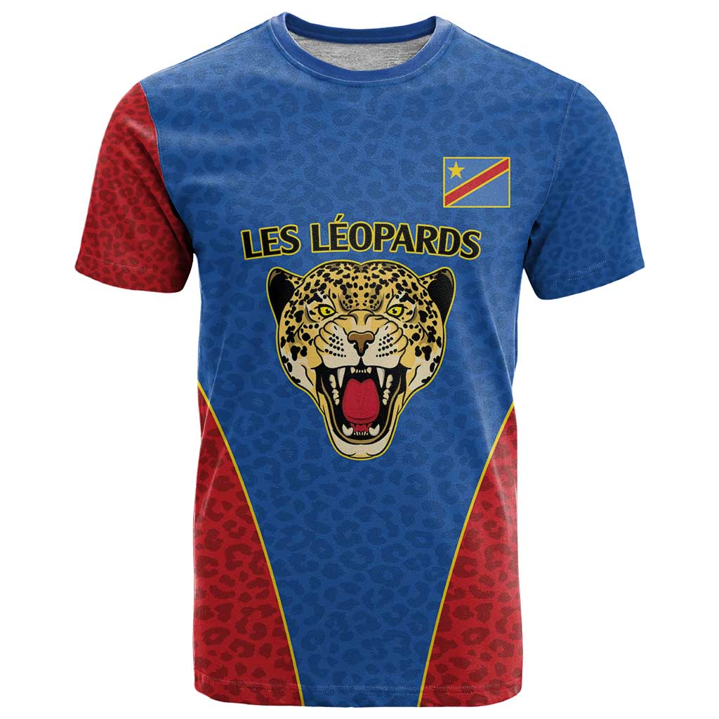 DR Congo Football Custom T Shirt Blue Leopard Skin Pattern - Wonder Print Shop