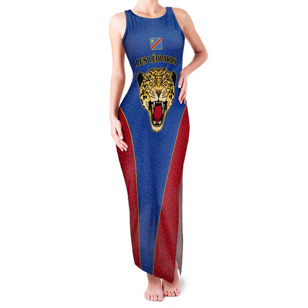 DR Congo Football Custom Tank Maxi Dress Blue Leopard Skin Pattern - Wonder Print Shop