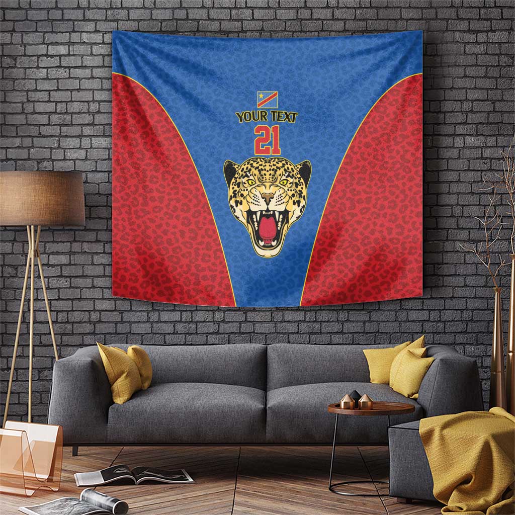 DR Congo Football Custom Tapestry Blue Leopard Skin Pattern - Wonder Print Shop