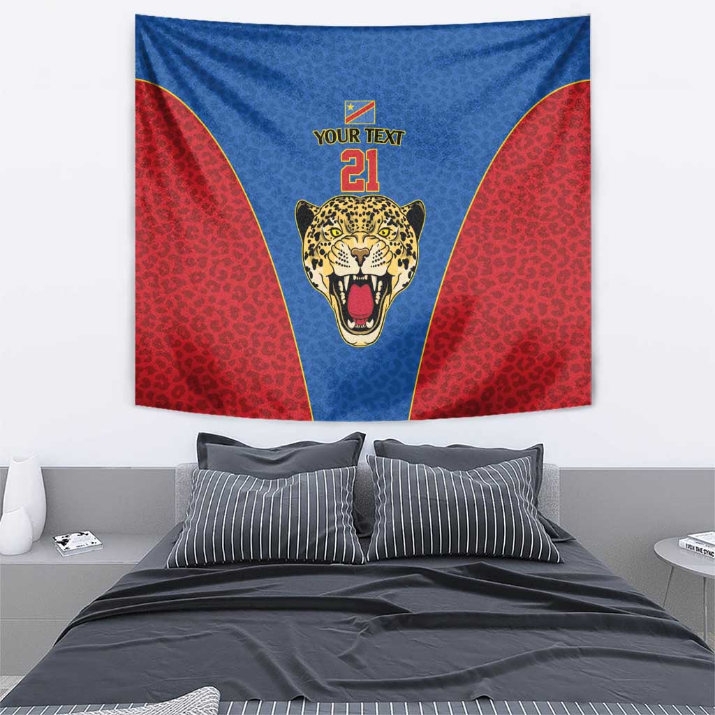 DR Congo Football Custom Tapestry Blue Leopard Skin Pattern - Wonder Print Shop