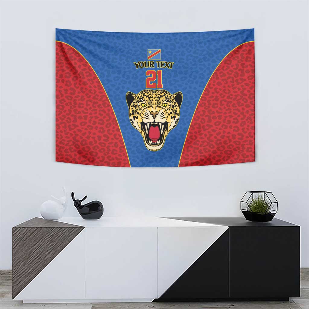 DR Congo Football Custom Tapestry Blue Leopard Skin Pattern - Wonder Print Shop