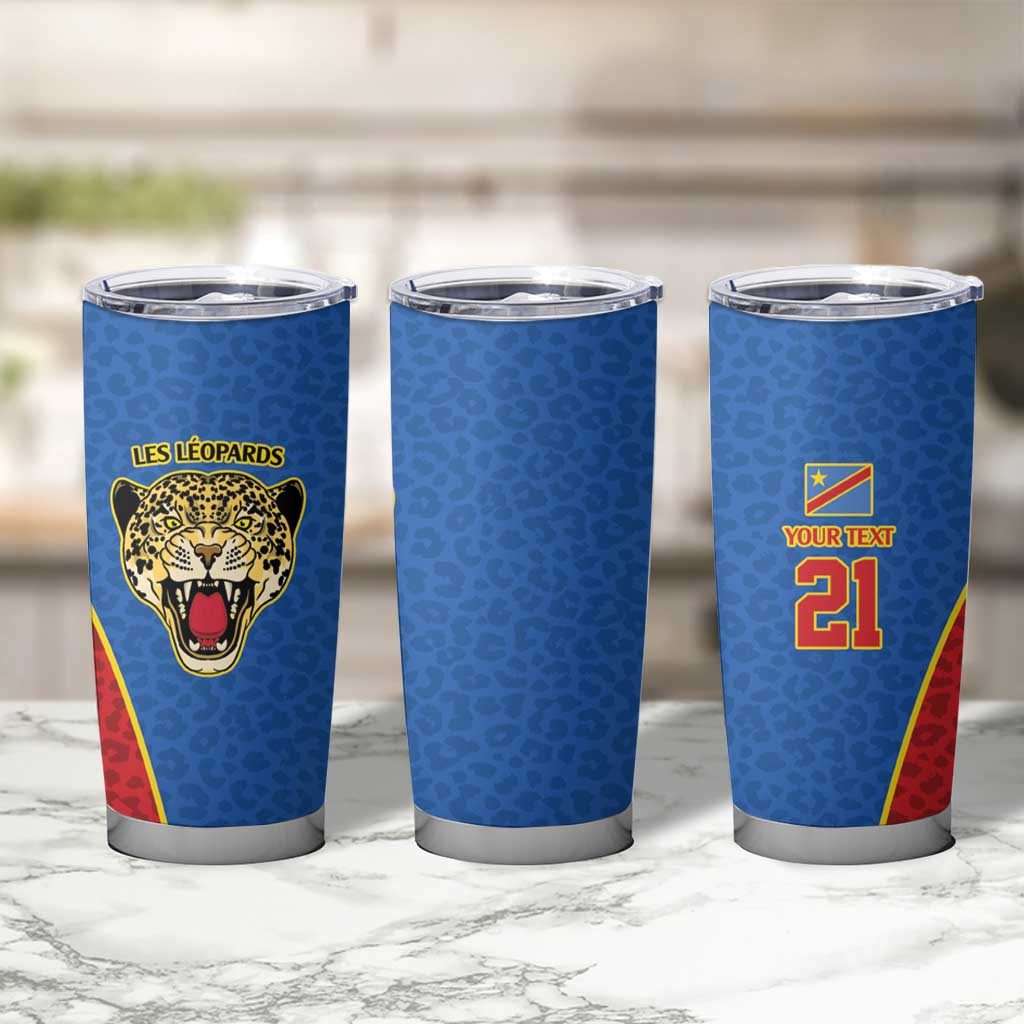 DR Congo Football Custom Tumbler Cup Blue Leopard Skin Pattern - Wonder Print Shop