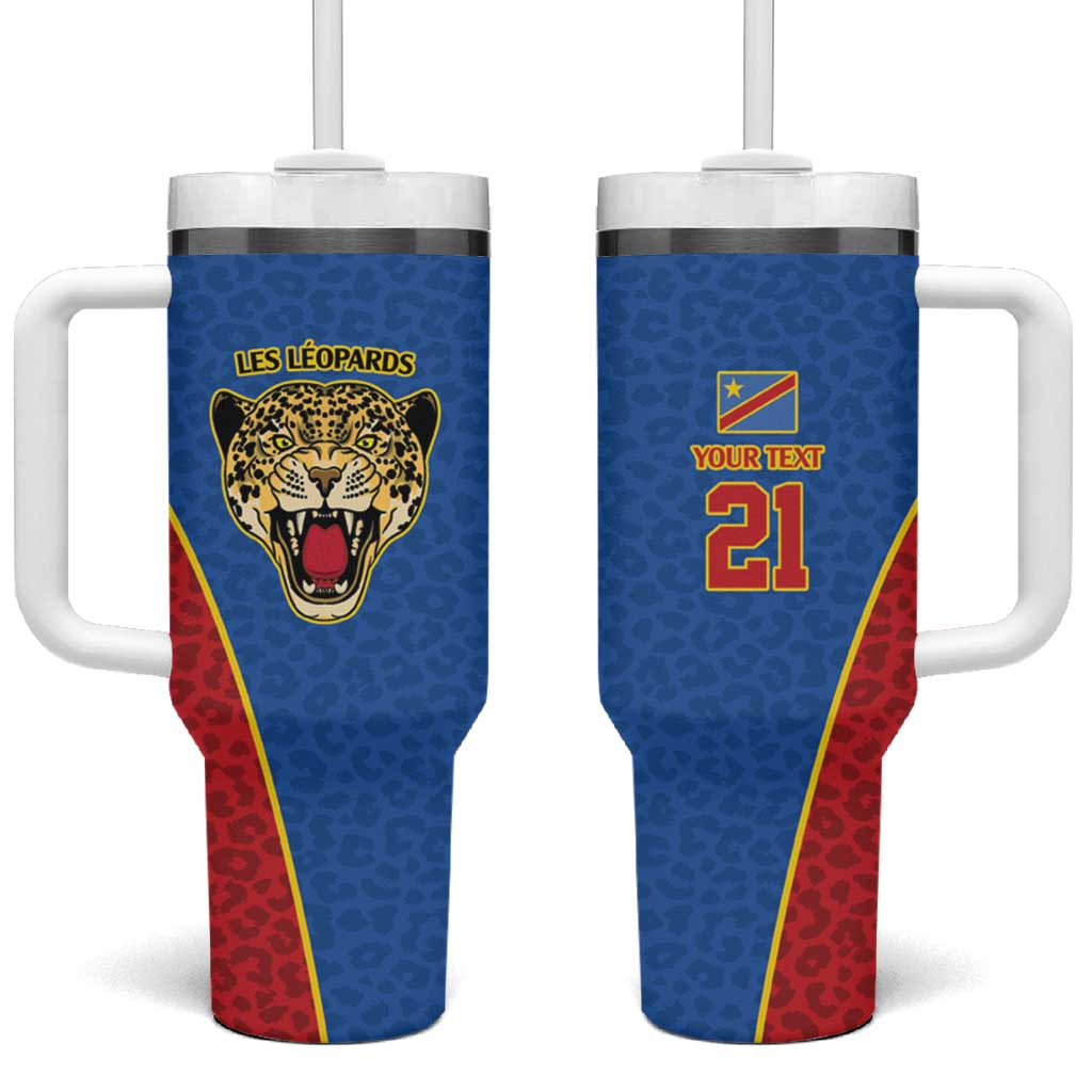 DR Congo Football Custom Tumbler With Handle Blue Leopard Skin Pattern - Wonder Print Shop