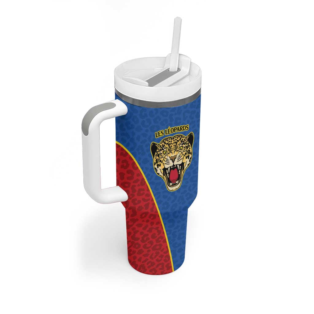DR Congo Football Custom Tumbler With Handle Blue Leopard Skin Pattern - Wonder Print Shop