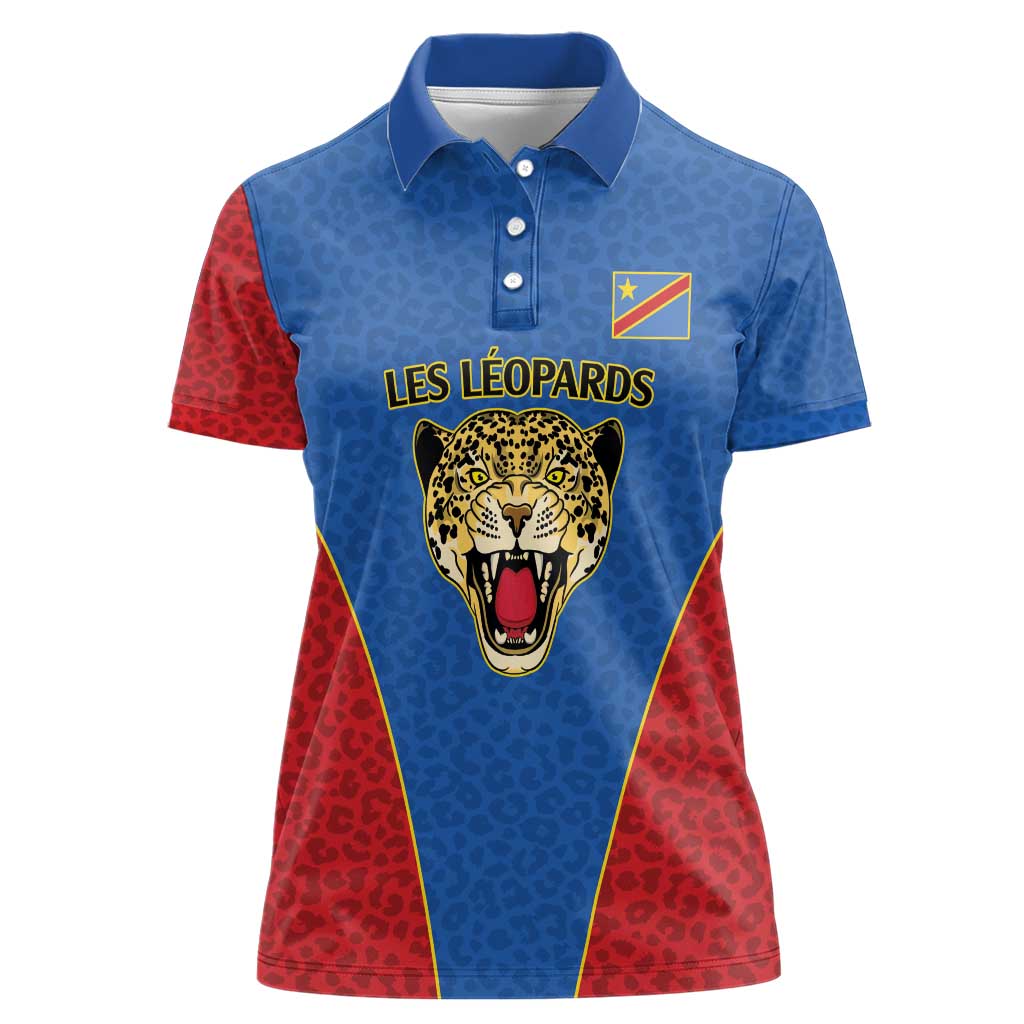 DR Congo Football Custom Women Polo Shirt Blue Leopard Skin Pattern - Wonder Print Shop