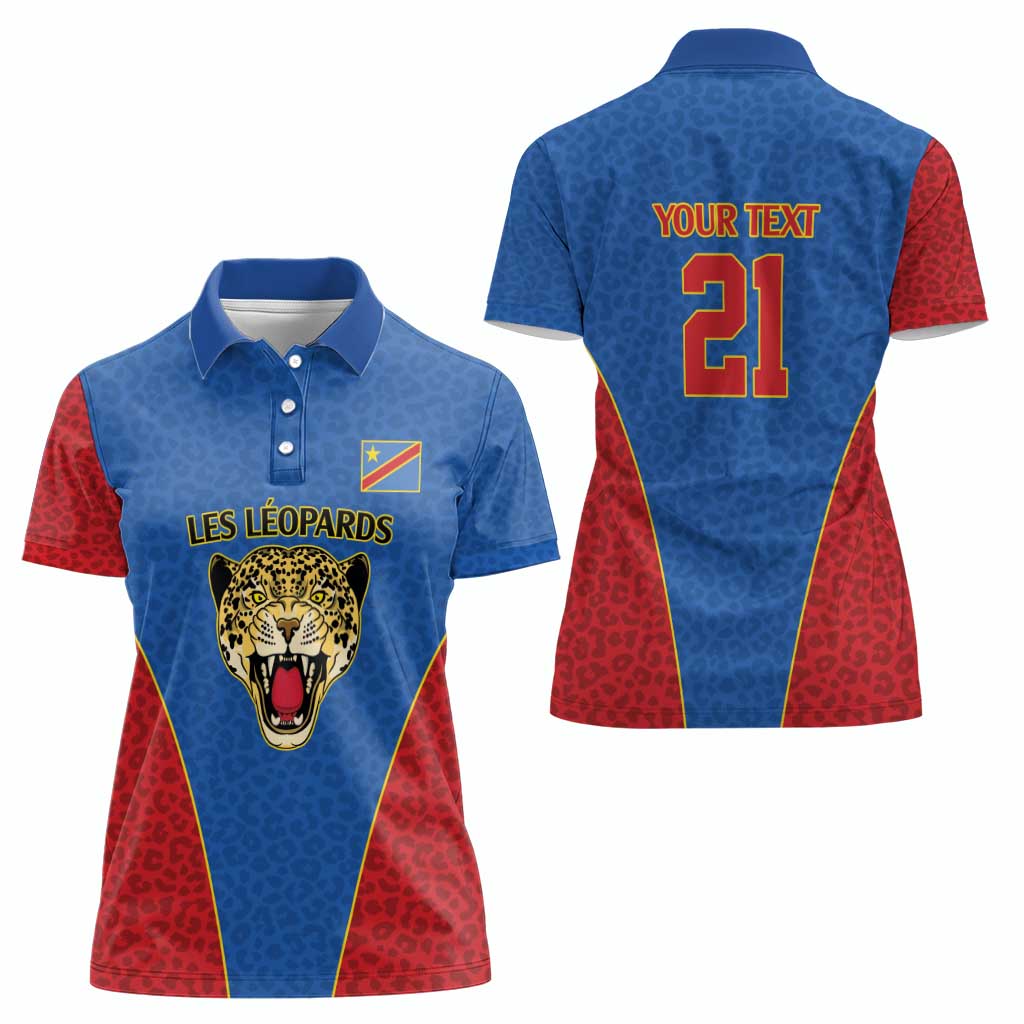 DR Congo Football Custom Women Polo Shirt Blue Leopard Skin Pattern - Wonder Print Shop