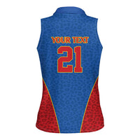 DR Congo Football Custom Women Sleeveless Polo Shirt Blue Leopard Skin Pattern - Wonder Print Shop