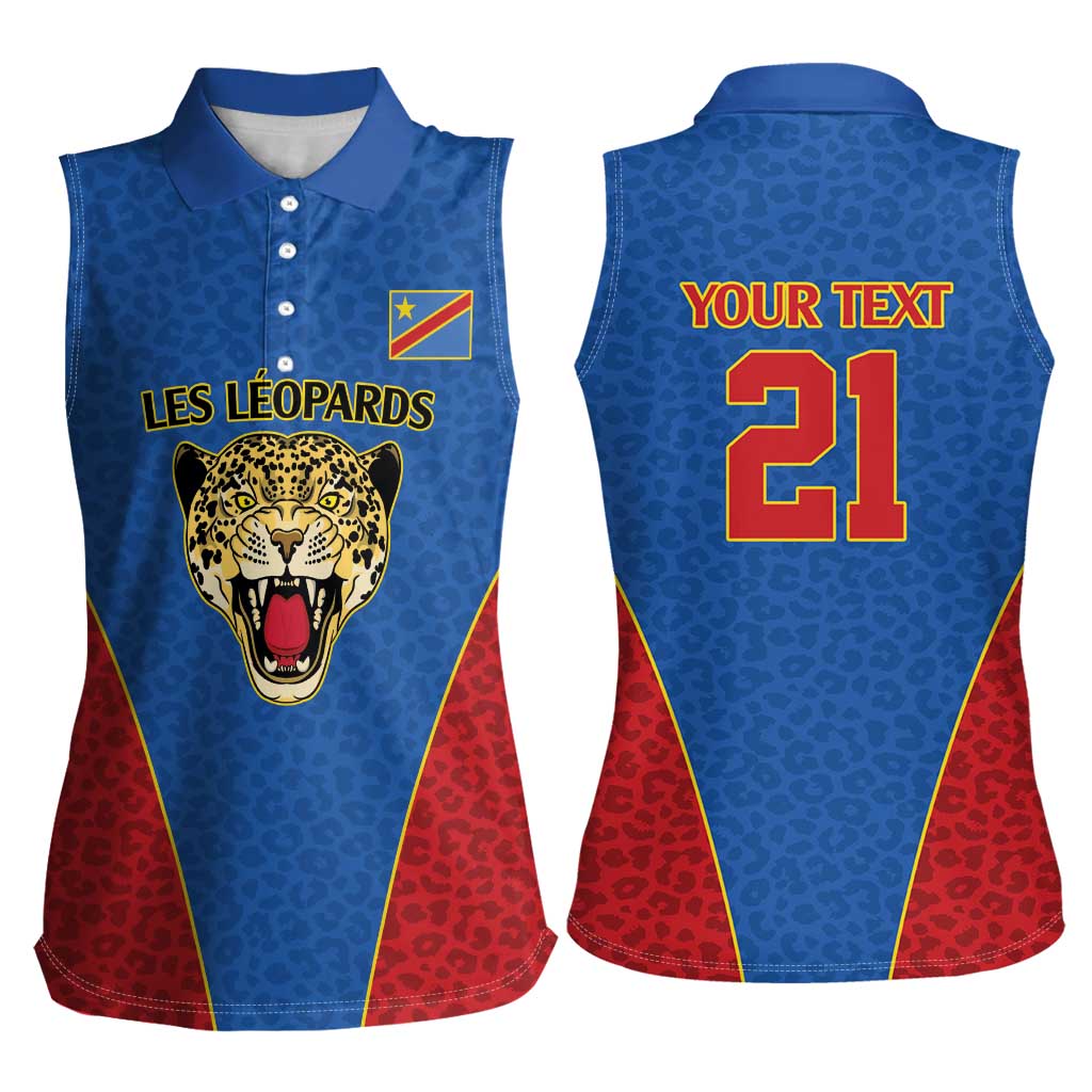 DR Congo Football Custom Women Sleeveless Polo Shirt Blue Leopard Skin Pattern - Wonder Print Shop