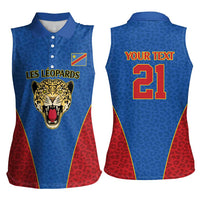 DR Congo Football Custom Women Sleeveless Polo Shirt Blue Leopard Skin Pattern - Wonder Print Shop