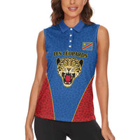 DR Congo Football Custom Women Sleeveless Polo Shirt Blue Leopard Skin Pattern - Wonder Print Shop