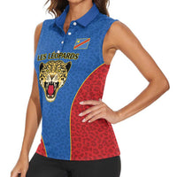 DR Congo Football Custom Women Sleeveless Polo Shirt Blue Leopard Skin Pattern - Wonder Print Shop