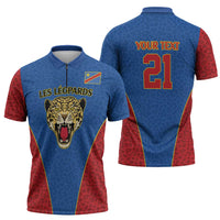 Africa DR Congo Football Custom Zipper Polo Shirt Blue Leopard Skin Pattern