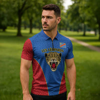 Africa DR Congo Football Custom Zipper Polo Shirt Blue Leopard Skin Pattern