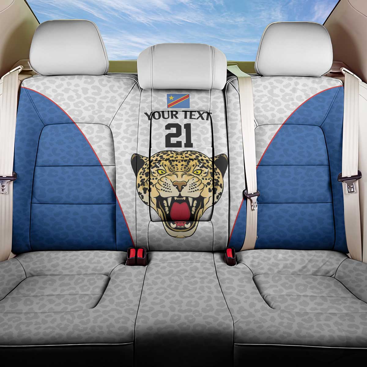 DR Congo Football Custom Back Car Seat Cover White Leopard Skin Pattern - Wonder Print Shop