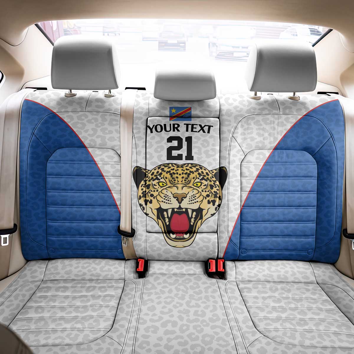 DR Congo Football Custom Back Car Seat Cover White Leopard Skin Pattern - Wonder Print Shop