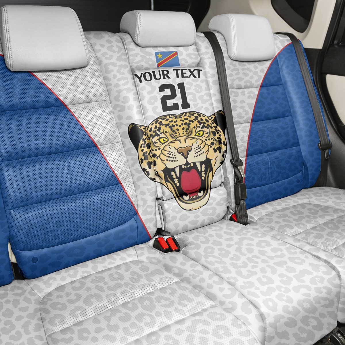 DR Congo Football Custom Back Car Seat Cover White Leopard Skin Pattern - Wonder Print Shop
