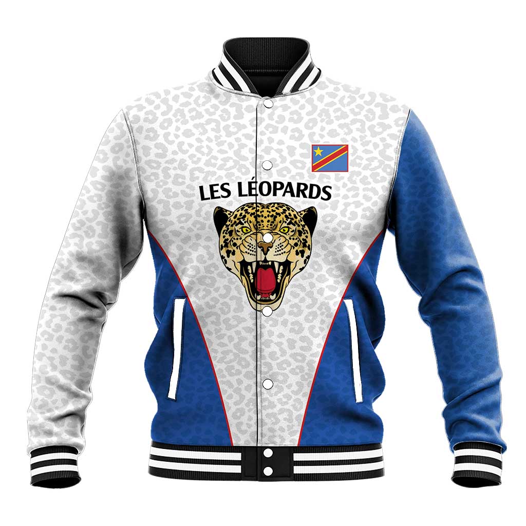 DR Congo Football Custom Baseball Jacket White Leopard Skin Pattern - Wonder Print Shop