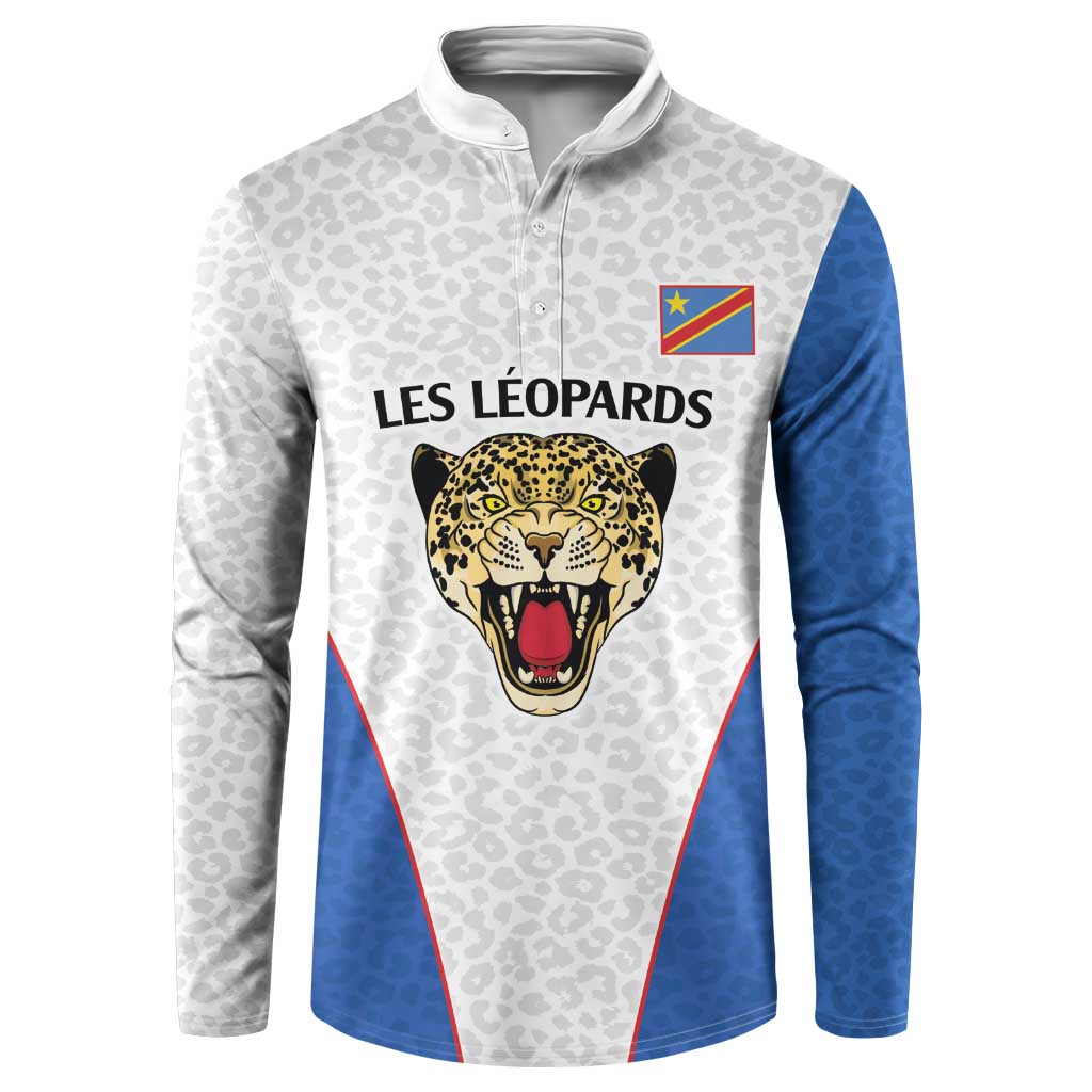 DR Congo Football Custom Button Sweatshirt White Leopard Skin Pattern - Wonder Print Shop