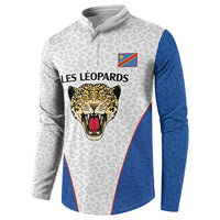 DR Congo Football Custom Button Sweatshirt White Leopard Skin Pattern - Wonder Print Shop