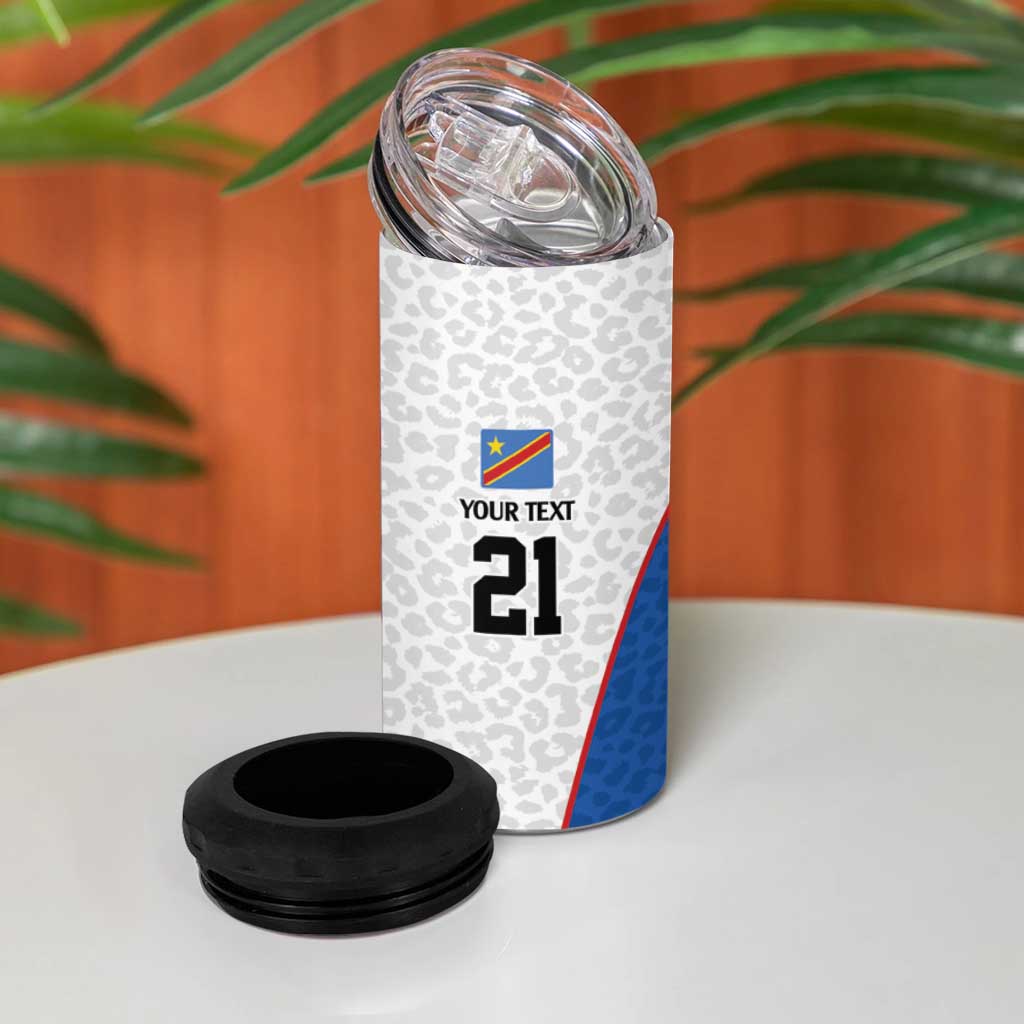 DR Congo Football Custom 4 in 1 Can Cooler Tumbler White Leopard Skin Pattern - Wonder Print Shop