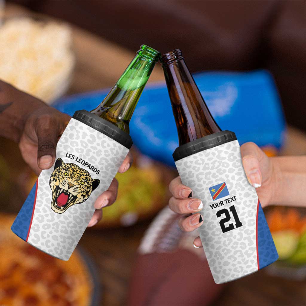 DR Congo Football Custom 4 in 1 Can Cooler Tumbler White Leopard Skin Pattern - Wonder Print Shop