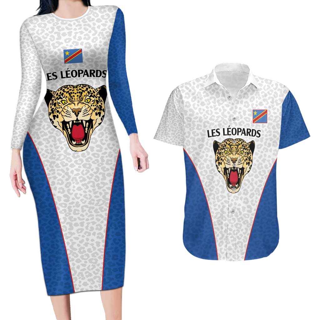 DR Congo Football Custom Couples Matching Long Sleeve Bodycon Dress and Hawaiian Shirt White Leopard Skin Pattern - Wonder Print Shop