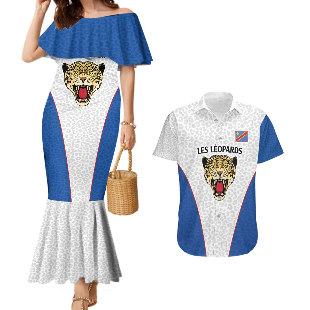 DR Congo Football Custom Couples Matching Mermaid Dress and Hawaiian Shirt White Leopard Skin Pattern - Wonder Print Shop
