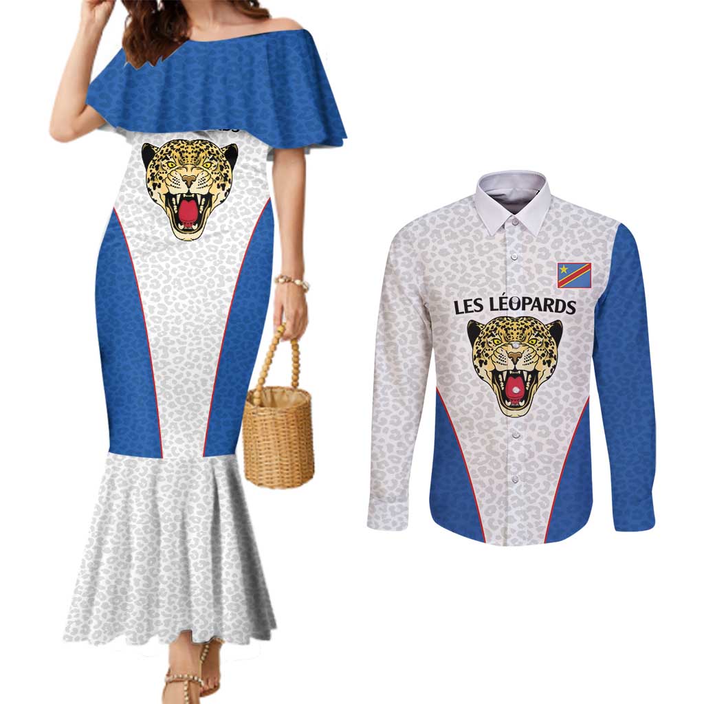 DR Congo Football Custom Couples Matching Mermaid Dress and Long Sleeve Button Shirt White Leopard Skin Pattern - Wonder Print Shop