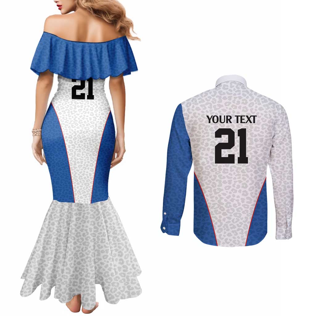 DR Congo Football Custom Couples Matching Mermaid Dress and Long Sleeve Button Shirt White Leopard Skin Pattern - Wonder Print Shop