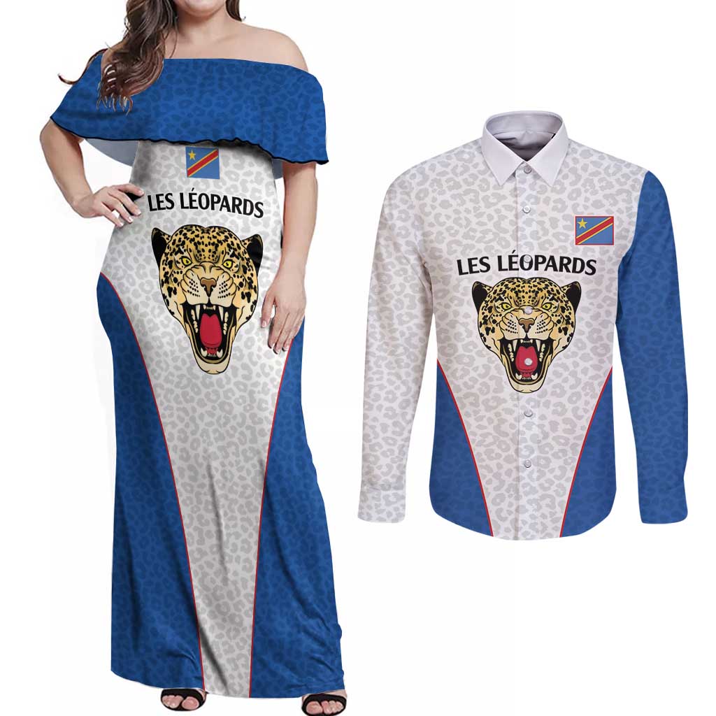 DR Congo Football Custom Couples Matching Off Shoulder Maxi Dress and Long Sleeve Button Shirt White Leopard Skin Pattern - Wonder Print Shop